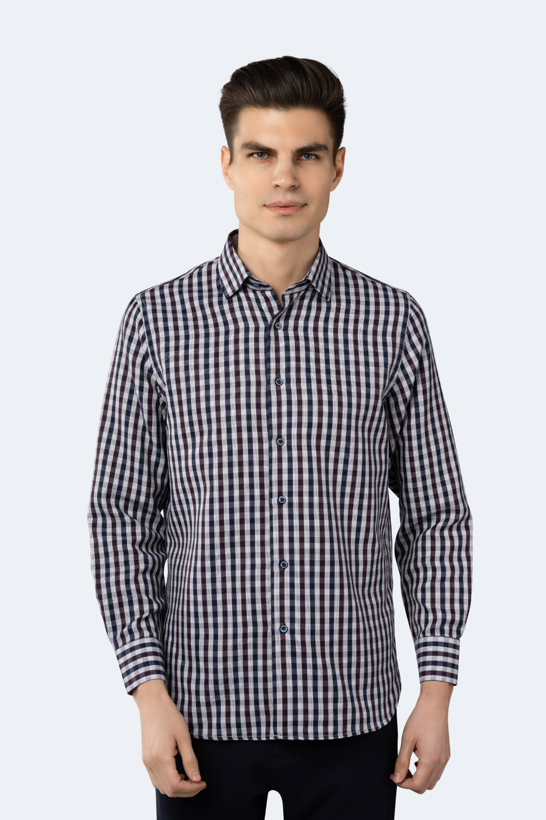 Navy, Burgundy and White Plaid Jacquard Woven Shirt