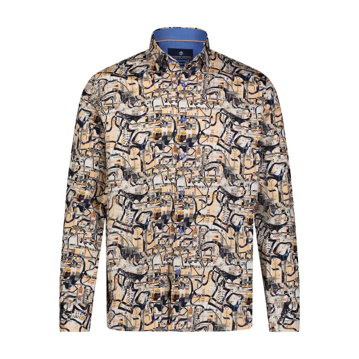 Tan, Blue, and Orange Abstract Print Long Sleeve Shirt