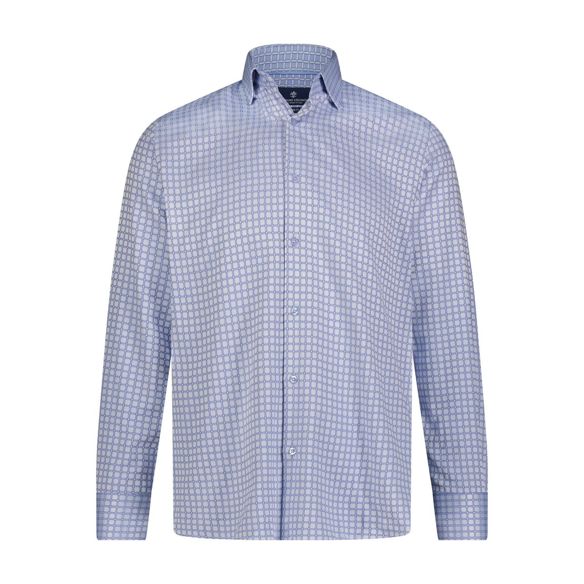 Lite Blue and Navy Small Check Print Long Sleeve Shirt