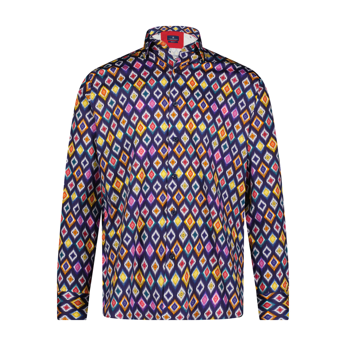 Red, Purple, and Yellow Double Diamond Print Long Sleeve Shirt