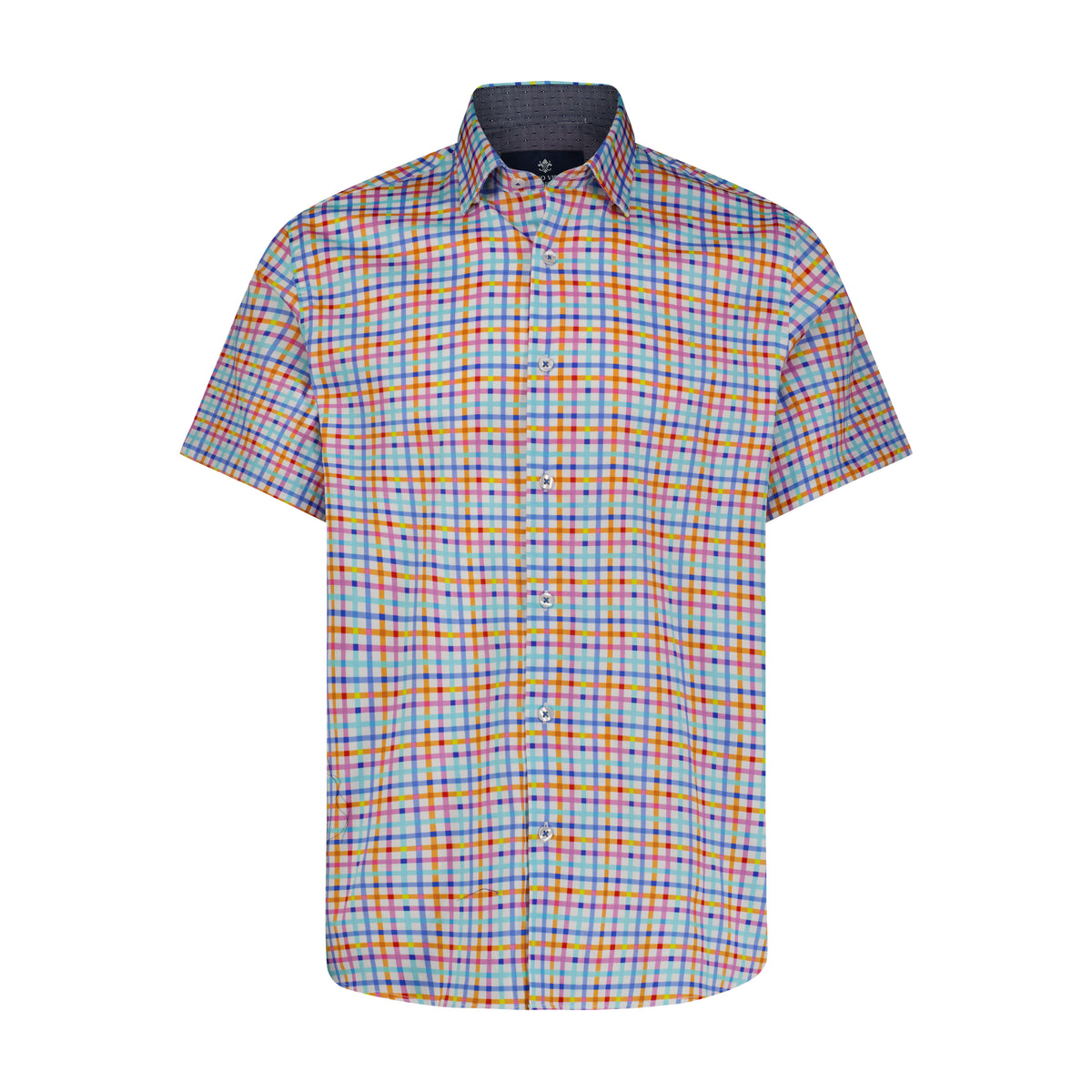 White with Blue, Navy, Orange and Purple Plaid Short Sleeve Shirt