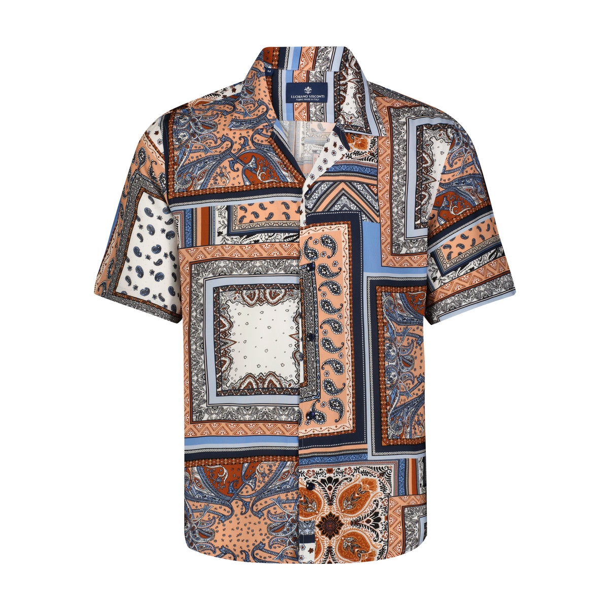 Navy Khaki Paisley Box Print Short Sleeve Shirt