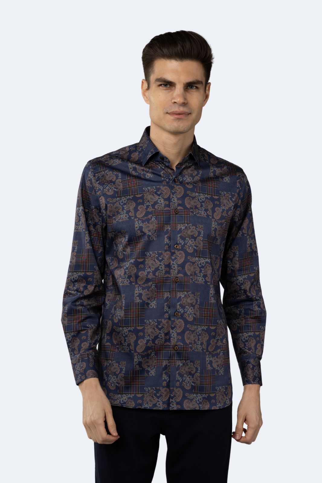 Navy with Red Plaid Squares Paisley Shirt