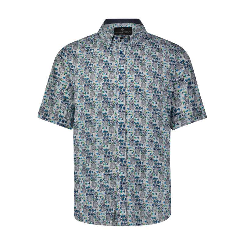 Blue Pineapple Print Short Sleeve Shirt