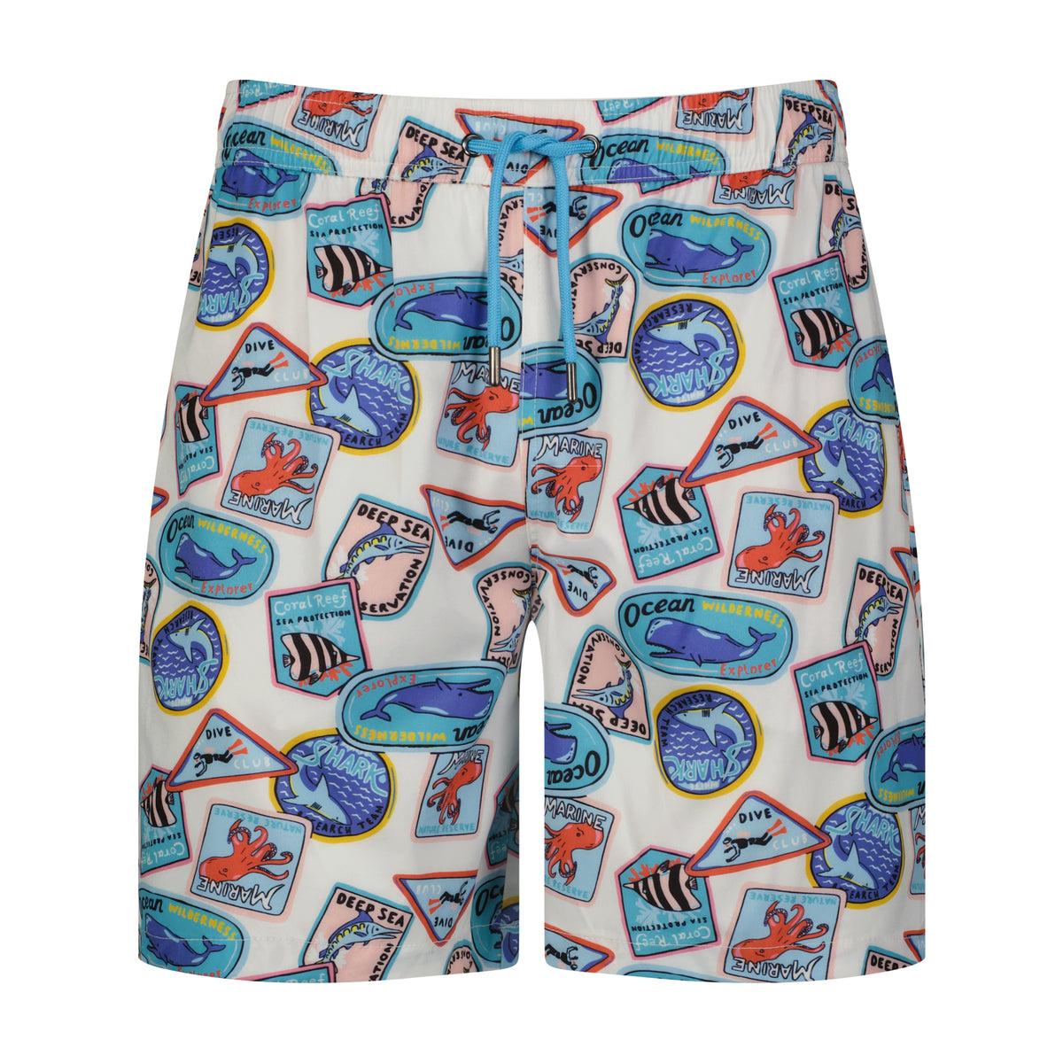 Tan, Aqua, and Teal Sea Life Print Swim Trunks