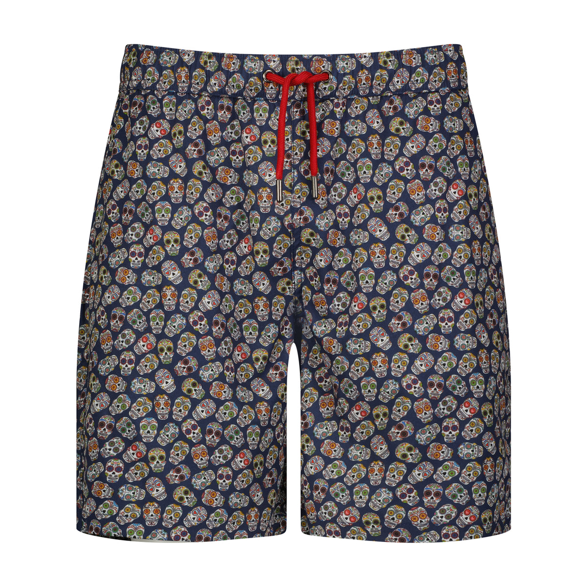 Navy Multicolor Skull Flower Print Swim Trunks