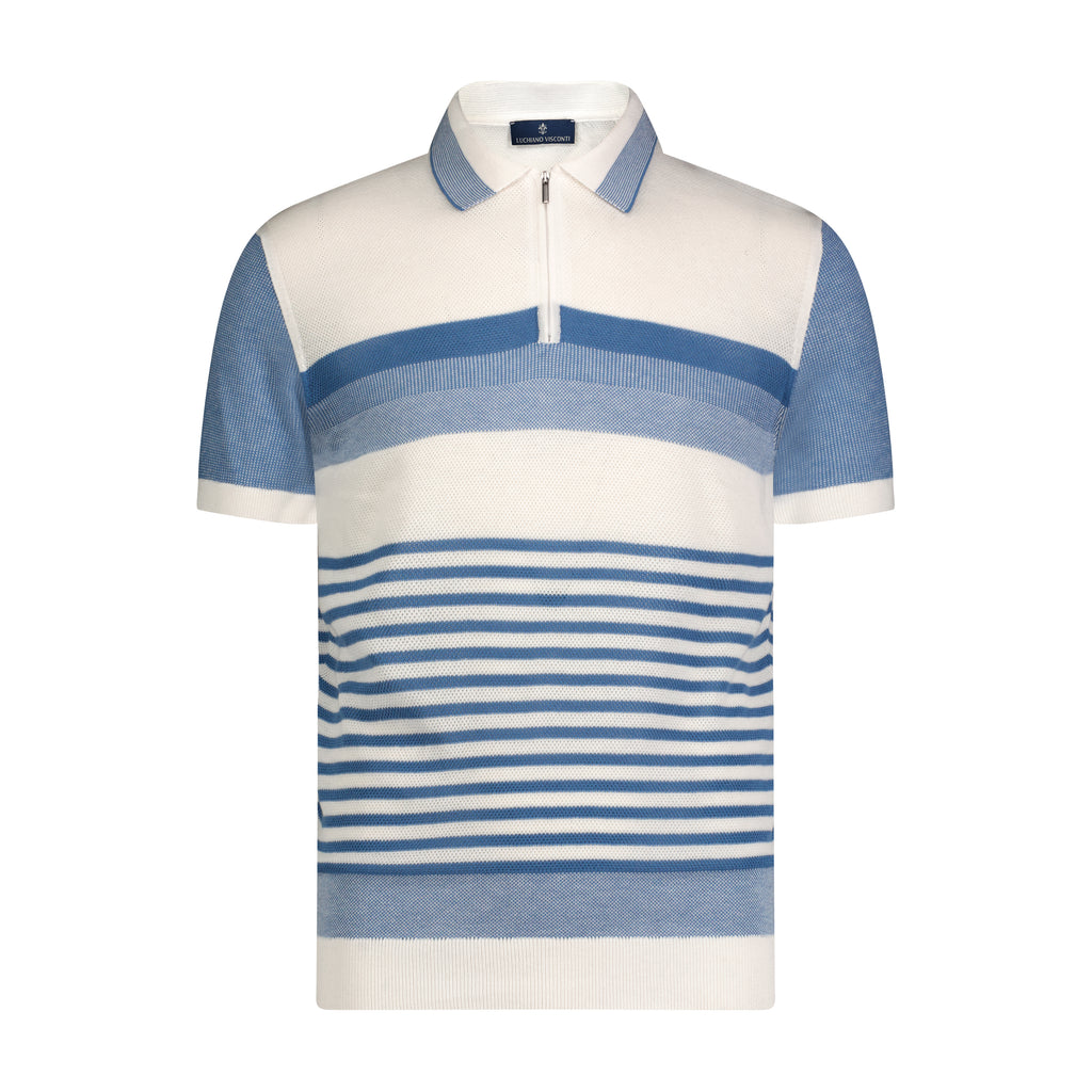 White with Indigo Assorted Stripe Short Sleeve Knit Polo