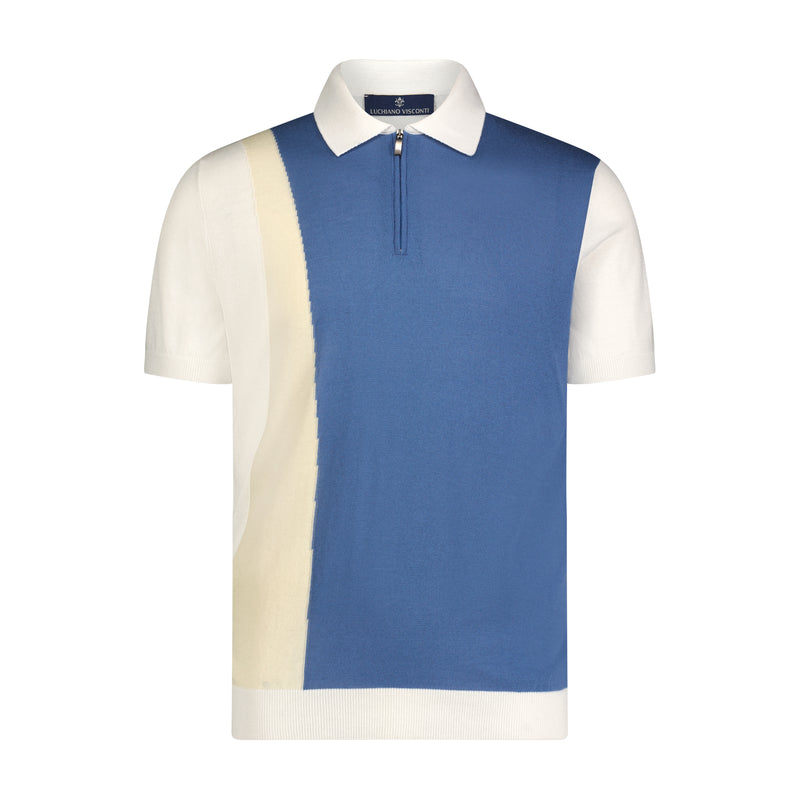 Indigo, Ecru, and White Geometric Short Sleeve Knit Polo