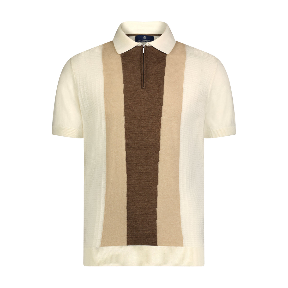 Ecru, Oatmeal, and Melange Chocolate Front Panel Short Sleeve Knit Polo