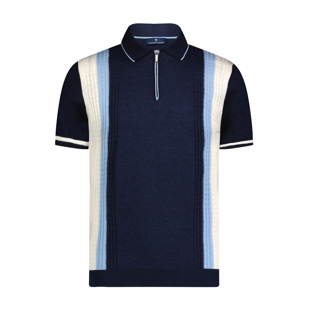 Melange Navy, Sky Blue, and White Large Front Panel Short Sleeve Knit Polo