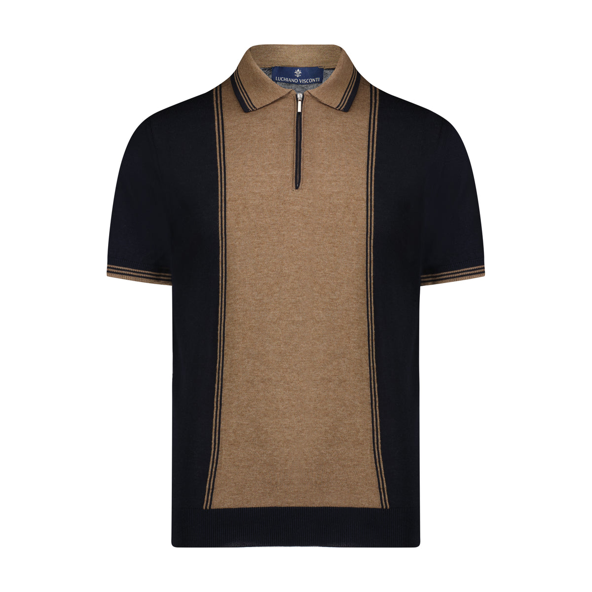 Melange Chocolate with Navy Wide Front Panel Short Sleeve Knit Polo