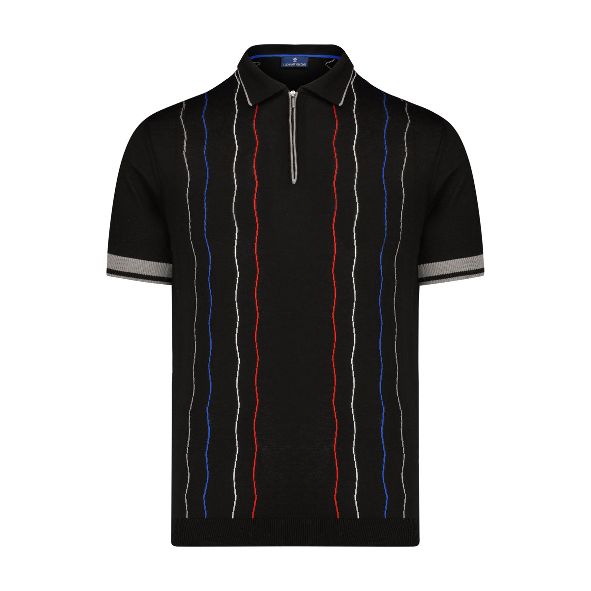 Black with Multi Wavy Trim Short Sleeve Knit Polo