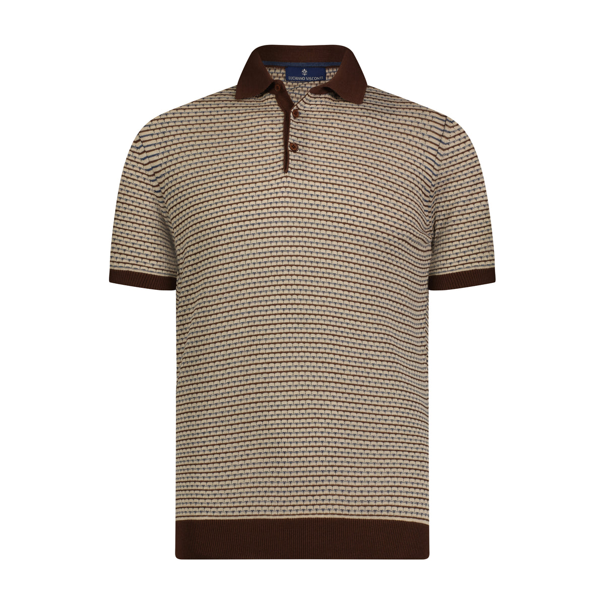 Chocolate Brown, Beige, and Indigo Triple Yarn Short Sleeve Knit Polo