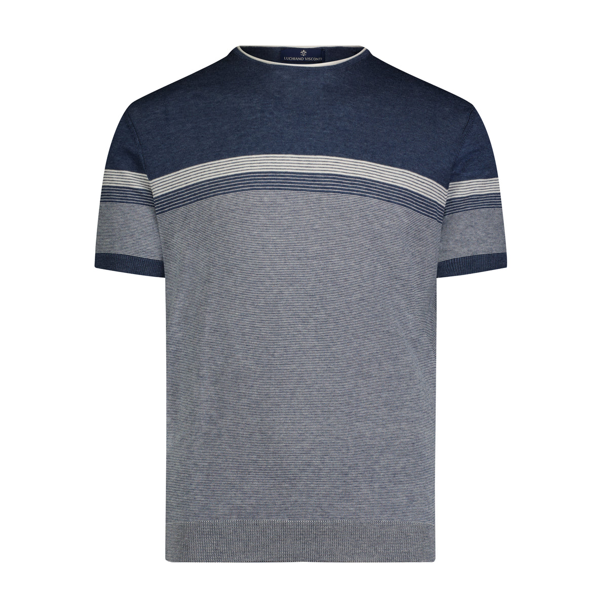 Melange Indigo and Ecru Mini Stripe Short Sleeve Knit Polo