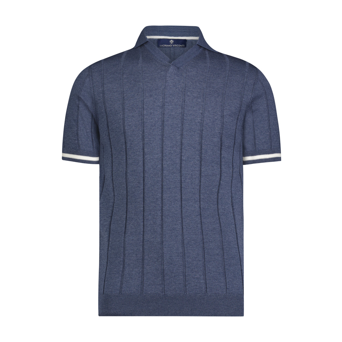 Melange Indigo with White Trim Indented Stripe Short Sleeve Knit Polo