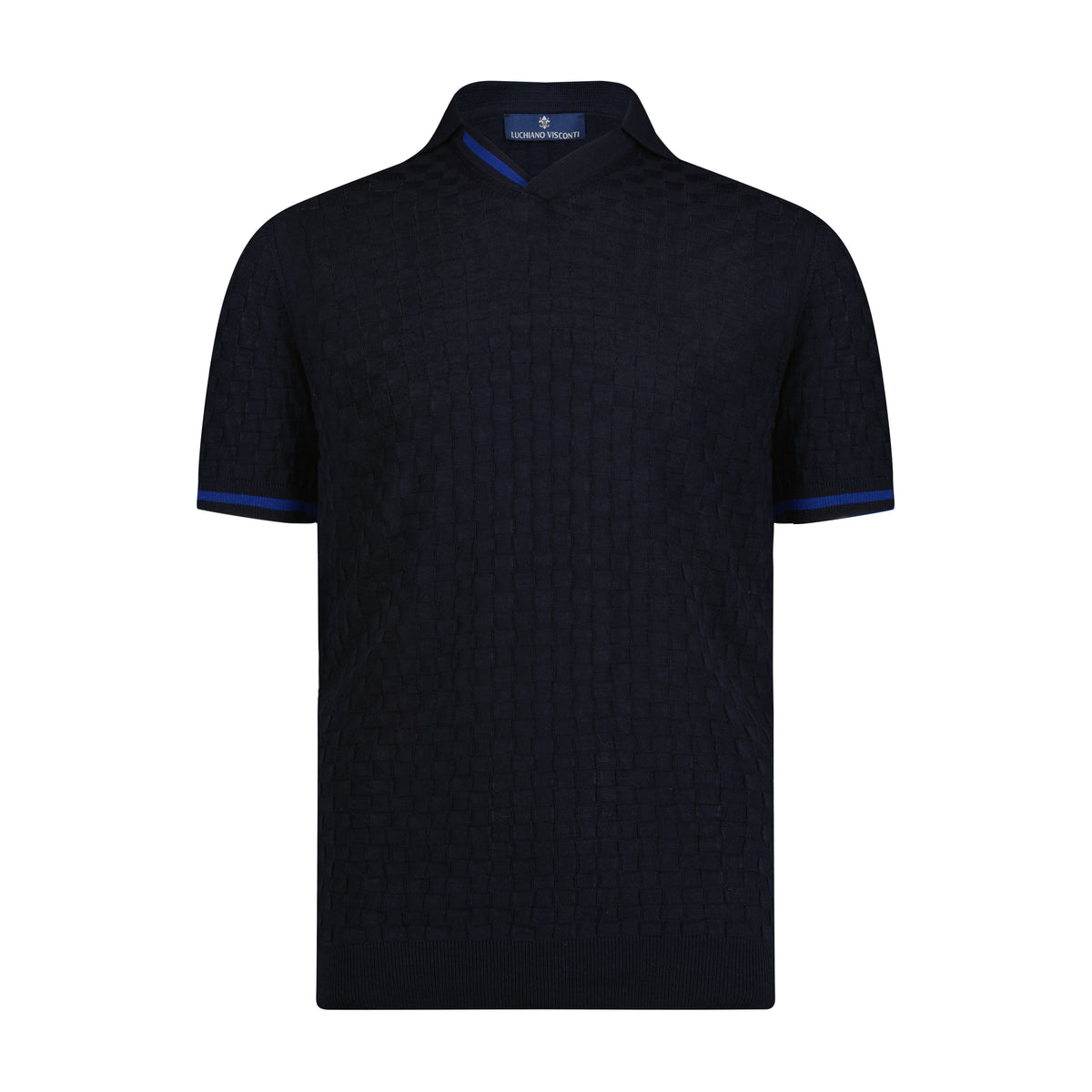 Navy with Saxe Blue Box Texture Short Sleeve Knit Polo