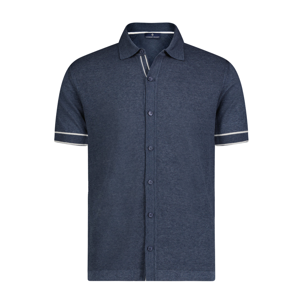 Melange Indigo with White Cream Pique Dot Short Sleeve Knit Polo