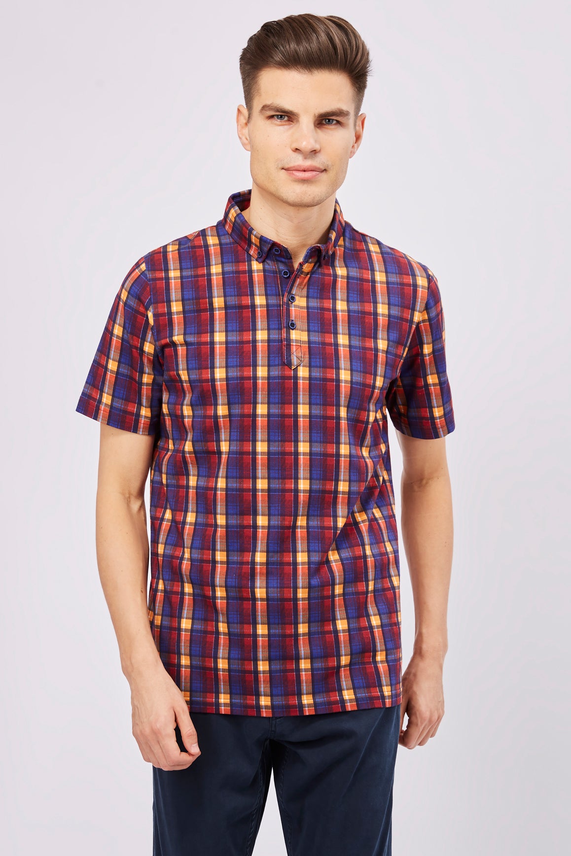 Leo Orange, Blue, and Purple Plaid Polo